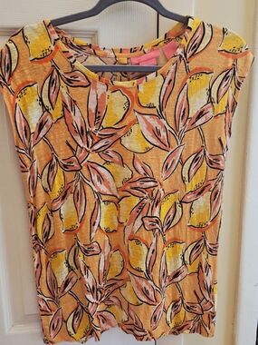 Isaac Mizrahi Peach Linen Print Sleeveless Top Sz S